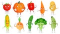 Cartoon vegetable character. Healthy veggies food mascot, baby carrot and funny cucumber. Vegetables isolated vector