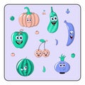 Cartoon vegetable and fruits cute characters face isolated on white background vector illustration. Funny face icon vector