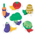 Cartoon vegetable superheroes. Funny vegetable face icon collect