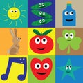 Cartoon vegetables and emoticons with smilling faces