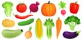 Cartoon vegetables. Fresh vegan veggies, raw vegetable green zucchini and celery. Lettuce, tomato and carrot vector illustration Royalty Free Stock Photo