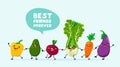 Funny vegetables with text balloons go hand in hand one after another. Vector vegetable isolates in cartoon style. Vitamins. Handw