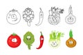 Cartoon vegetables set. Coloring book pages for kids. Tomato, a