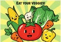 Cartoon vegetables with smiling faces arranged in a playful composition. Features include a red Royalty Free Stock Photo