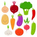 Cartoon vegetables vector set in flat style. Onion, carrot, cucumber, paprika, tomato, pepper, broccoli, garlic, potato Royalty Free Stock Photo