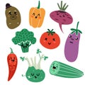 Cartoon vegetables. Vegan healthy meal organic food delicious fresh child vegetable faces vector isolated characters