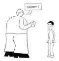 Cartoon very big kind man apologizes on weak man, vector illustration