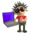 Cartoon vicious spiky punk rocker testing a new laptop computer, 3d illustration