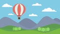 Cartoon view mountain landscape with a red hot air balloon flying in the hills with trees under a blue sky with clouds