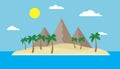 Cartoon view of a tropical island in the middle of an ocean or sea with a sandy beach, palm trees and mountains under a blue sky w Royalty Free Stock Photo