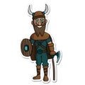 Cartoon viking with ax, shield and beard sticker. White background isolated  illustration Royalty Free Stock Photo