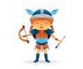 Cartoon viking cute smiling girl character with bow and arrow