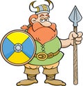 Cartoon viking holding a shield and a spear.