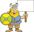 Cartoon viking holding a sign.