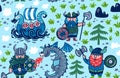 Seamless pattern with vikings, ship and dragon in cartoon style. Vector illustration for children.