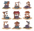 Cartoon village water well. Rustic country aqua source with bucket and handle made of wood and stone. Ancient liquid extraction