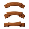 Cartoon Vintage Brown Wooden Blank Banners Set. Timber Old Frame Ribbons. Wood Texture Signboard and Guidepost, Western