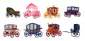 Cartoon vintage carriages. Carriage cargo wagon or royal luxury coaches, ancient cart horse victorian king chariot magic Royalty Free Stock Photo