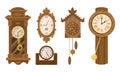 Cartoon vintage clock. Wooden watch, mechanical retro clocks, digital timepieces and quartz interior chronometers flat vector