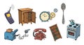 Cartoon vintage object collection with a colorful style on white background Royalty Free Stock Photo