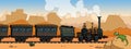 cartoon vintage old train with wagons panorama background