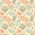 Cartoon Vintage space seamless pattern. Spaceships, astronauts and planets. Wallpaper background