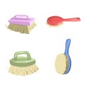 Cartoon vintage trendy icon set of cleaning brushes. Housework vector simple gradient icons. Pink, red, green and blue shiny brush Royalty Free Stock Photo