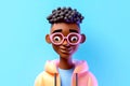 Cartoon virtual avatar of black afro american guy with glasses with curly hairstyle