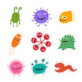 Cartoon virus character illustration. Cute fly germ virus infection and funny micro bacteria character. Royalty Free Stock Photo