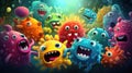 Cartoon viruses and bacteria on a dark background. 3d illustration. Generative AI.