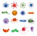 Cartoon viruses and bacteria vector set. Microscopic cell, bacterium and microorganism illustration