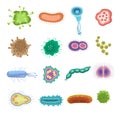 Cartoon viruses and bacteria vector set. Microscopic cell, bacterium and microorganism illustration