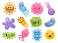 Cartoon viruses. Germ and bacteria with evil faces. Bad pathogen microbe character. Coronavirus and flu disease