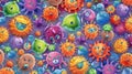 Cartoon viruses pattern. Medical print viruses. Funny viruses and bacteria printable vector pattern.