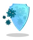 Cartoon viruses are trying to break through defense. Shield, barrier against bacteria and dangerous microorganisms. Vector