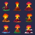 Cartoon volcano elements. Eruption volcanoes, isolated fire and magma and lava from mountains. Nature explosion, erupted