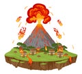 Cartoon volcano eruption, natural disaster. Environment damage, lava flows and fireballs, extreme cataclysm disaster flat vector