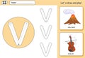 Cartoon volcano and violin. Alphabet tracing worksheet Royalty Free Stock Photo