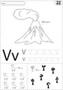 Cartoon volkano, vicuna and vase with flowers. Alphabet tracing