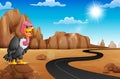 Cartoon vulture on rock with empty road in the desert Royalty Free Stock Photo