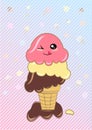 Cartoon waffle cup of ice cream with smiling face on striped pink-blue background