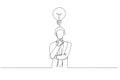 Cartoon of waist up portrait businessman making plan hold hand on chin and looking up thoughtful. One continuous line art style