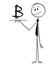 Cartoon of Waiter or Businessman Holding Salver or Tray With Bitcoin Cryptocurrency Currency Symbol