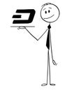 Cartoon of Waiter or Businessman Holding Salver or Tray With Dash Cryptocurrency Currency Symbol