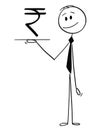 Cartoon of Waiter or Businessman Holding Salver or Tray With Indian Rupee Currency Symbol