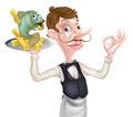 Cartoon Waiter Butler Fish and Chips Royalty Free Stock Photo