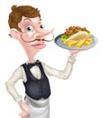 Cartoon Waiter Butler Holding Kebab and Fries