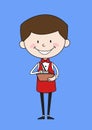 Cartoon Waiter Caterer - Preparing Report in Happy Mood