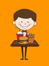 Cartoon Waiter Caterer - Presenting Fast Foods