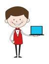 Cartoon Waiter Caterer - Presenting a Laptop